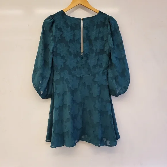 Anthropologie Jacquard Tunic Dress Green Teal Puff Sleeve Size 2P - Picture 3 of 11